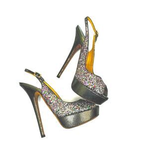 Jimmy Choo CLUE Multicolor Glitter Slingback Platform Peep Toe Pumps EU 39.5